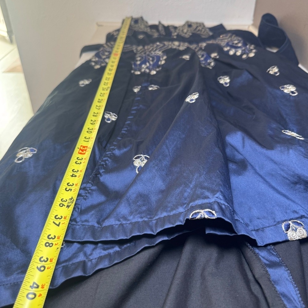 Custom Silk Navy Blue Embroidered High Low Midi Dress with Sequin Accents V-Neck - Picture 8 of 11